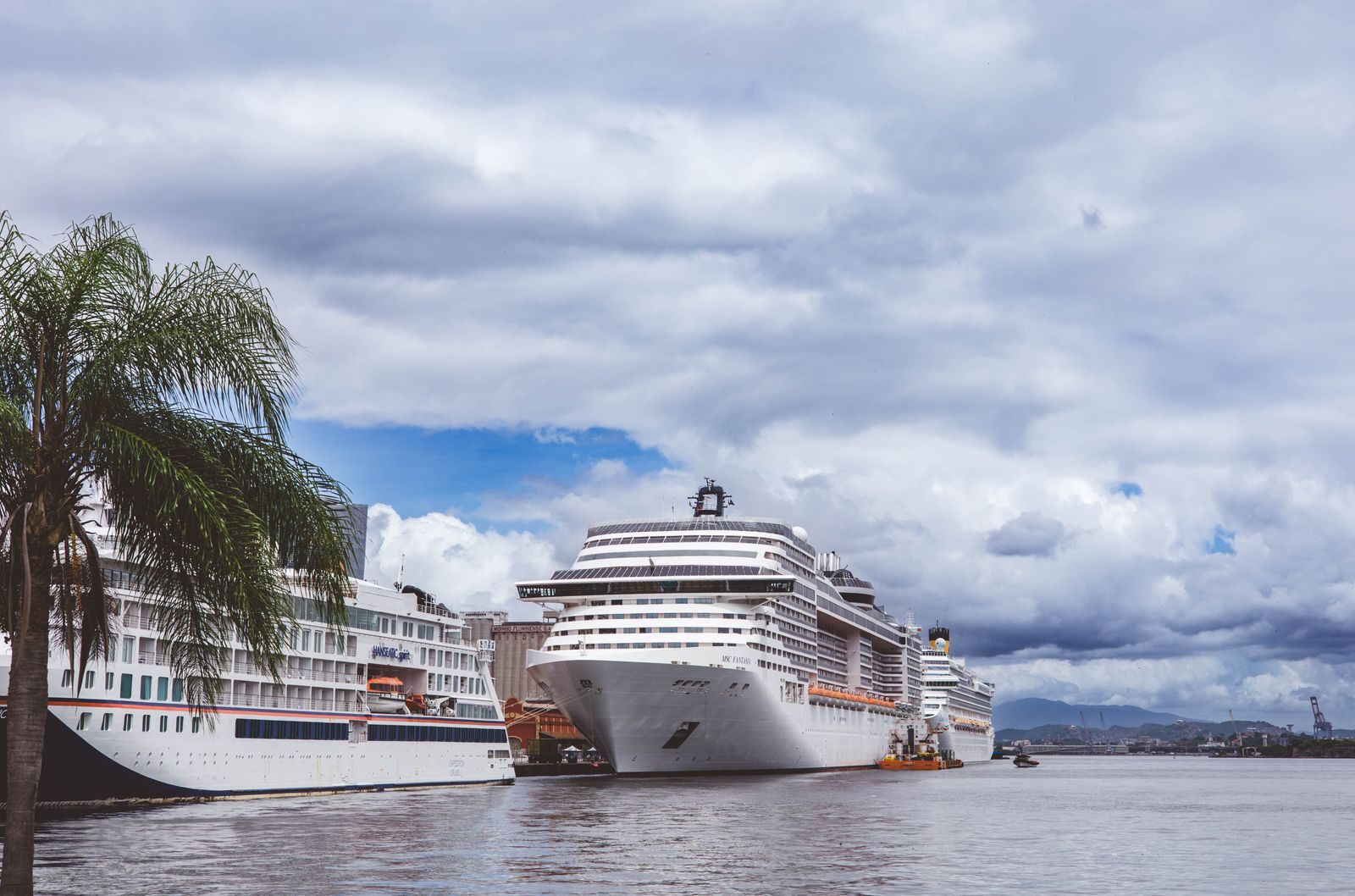 Big cruise ships from two big ship cruise lines docked side by side at a tropical port with palm trees