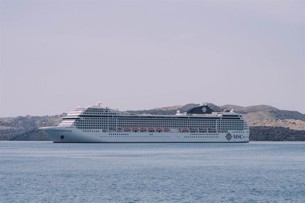 White MSC cruise ship sailing past a hilly coastline