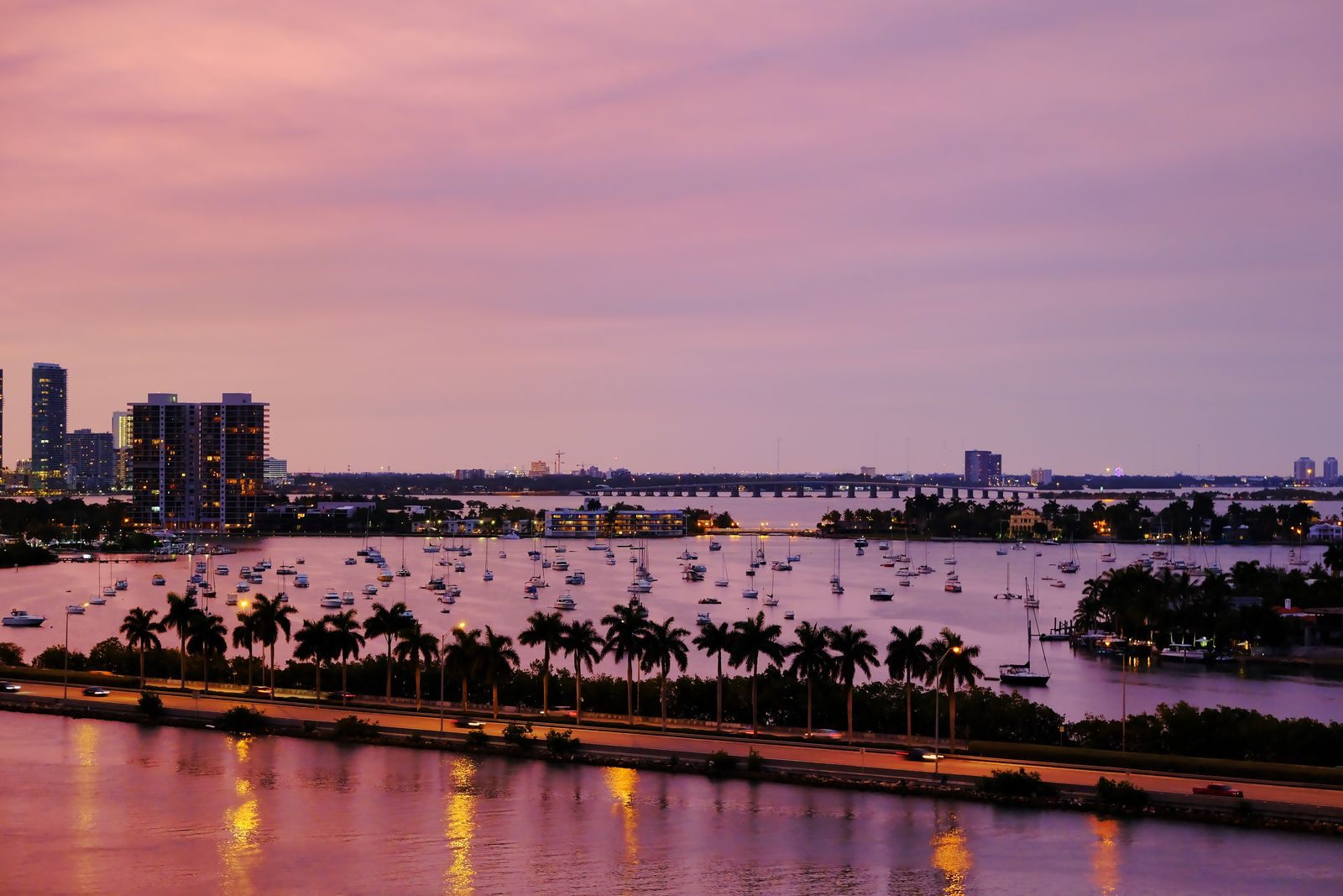 Aerial view of the Miami skyline and Biscayne Bay at twilight, home of a contender for busiest cruise port in the world